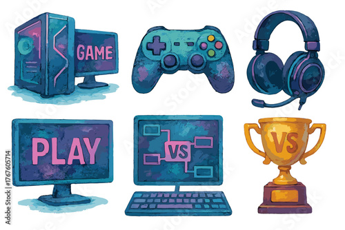 A set of 6 hand-drawn gaming-style watercolor illustrations with soft colors and textures. Each icon is related to gaming.