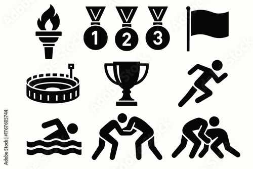 10 black and white linear icons in a minimalist (silhouette) style. Theme: Olympic Games and sports competitions.