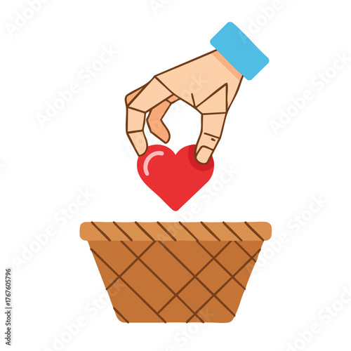 A hand places a heart into a basket, symbolizing giving.