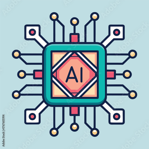 Colorful AI microchip illustration with circuit connections in a modern flat style