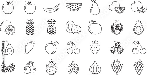 Fruits Line Icon Set, Vector Pictograms of Banana, Orange, Strawberry, Grapes, Pineapple, Mango, Blueberry, Raspberry, Lime, Kiwi, Papaya, Pomegranate, Coconut, Thin Linear Illustration