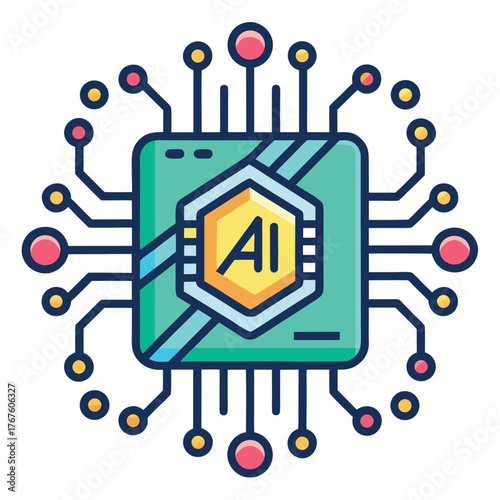 Colorful AI microchip illustration with circuit connections in a modern flat style