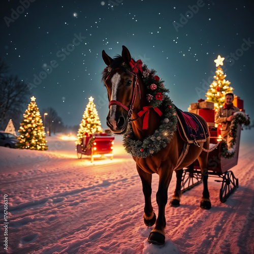 A horse pulls a decorated sleigh through a snowy landscape. Christmas trees are illuminated in background