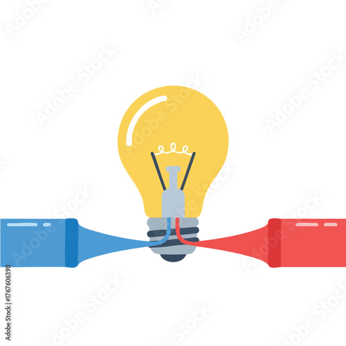 A lightbulb connected to a red and blue marker.