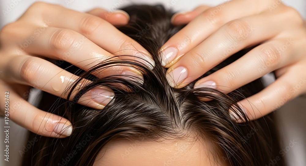 Naklejka premium Close-up of hands massaging a person's wet, dark hair and scalp.