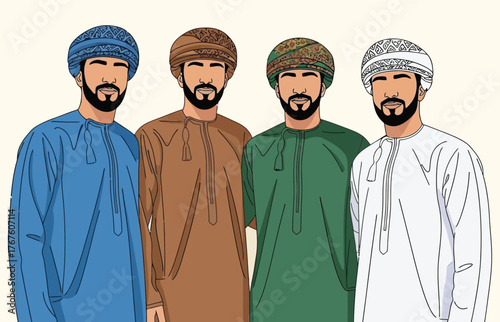Diverse Omani Men in Traditional Dishdasha and Massar Headwear Standing Together