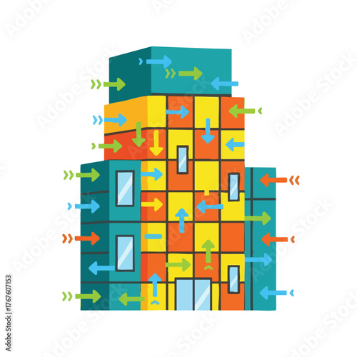 A stylized building with colorful blocks and directional arrows.