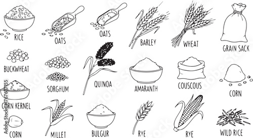 Grains and Cereals Doodle Icon Set, Hand Drawn Sketch Illustrations of Rice, Oats, Corn, Quinoa, Barley, Millet, Black and White Food Ingredient Art
