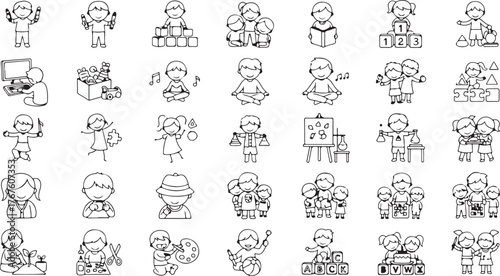 Kindergarten Line Icon Set, Vector Pictograms of Preschool Activities, Drawing, Painting, Reading, Science Experiments, Cooking, Crafting, Board Games, Thin Linear Illustration