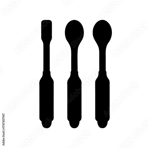 Three laboratory spatulas and spoons in a minimalist black silhouette design