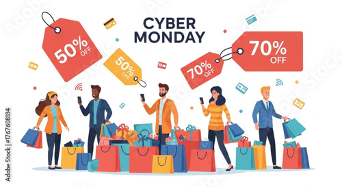 People Buying Gifts During Cyber Monday Sale with Percent Tags vector illustration