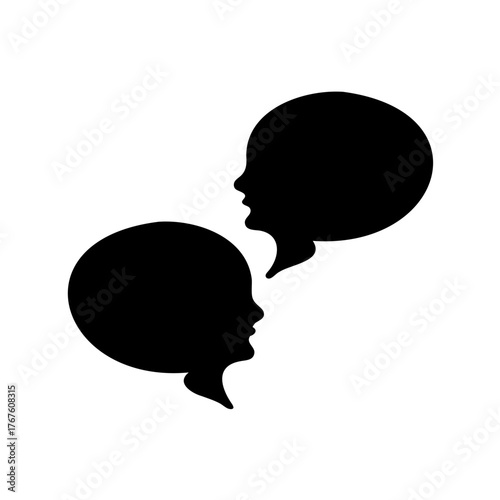 Two talking black silhouette heads face to face on white background