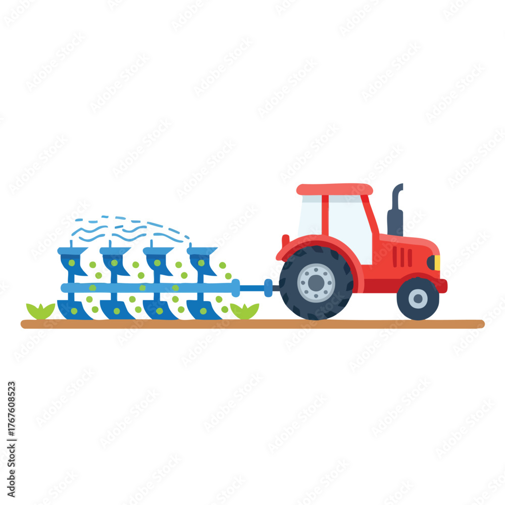 Naklejka premium A red tractor plows a field with a multi-furrow plow.