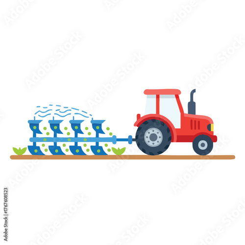 A red tractor plows a field with a multi-furrow plow.