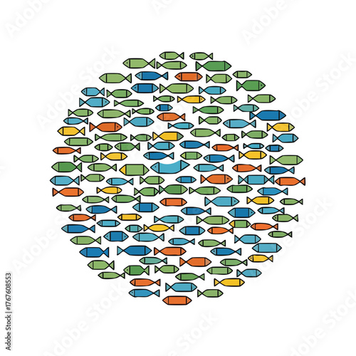 A large school of colorful fish swimming in a circle.