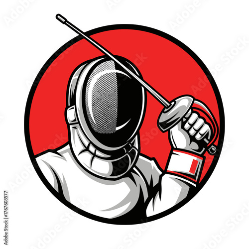 A cartoon image of a fencer with a mask and foil inside a red circle