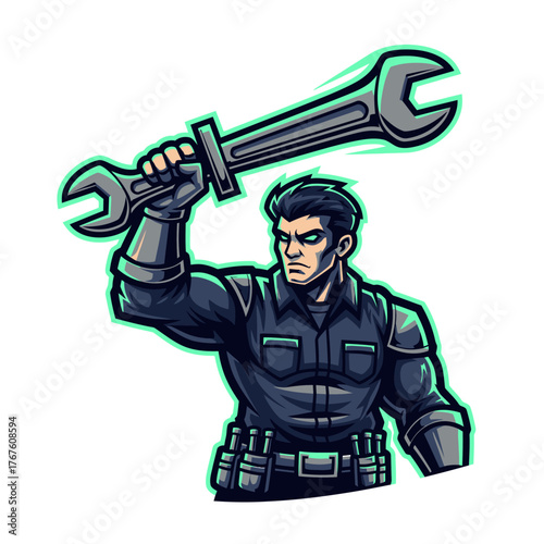 A muscular man, arms raised, holds up a large wrench in a heroic pose, with green outline