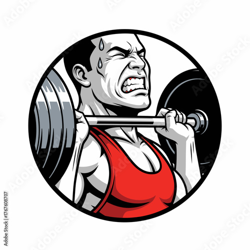 A determined weightlifter, rendered in a bold, comic style, struggles with a barbell in a round frame