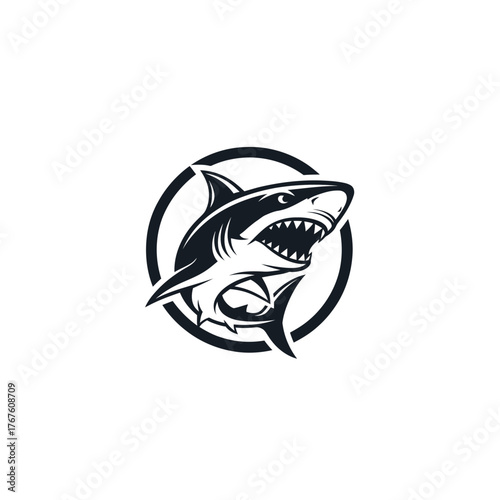 A stylized illustration of a shark within a circular frame, showcasing its teeth and fins