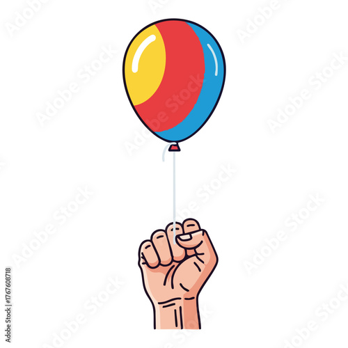A clenched fist holds a colorful balloon.