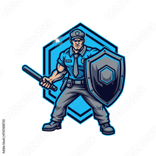 A determined police officer, holding a shield and baton, stands in front of a blue hexagon