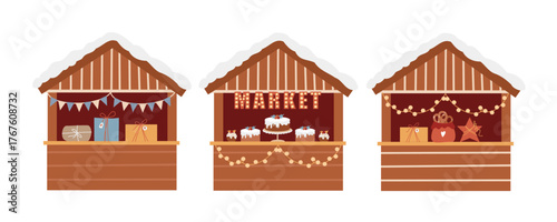 Set of Christmas stalls isolated on white background. Traditional winter Christmas market. Vector clip art. Vector flat illustration of a Christmas fair