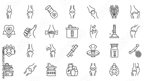 Medical Line Icon Set, Vector Pictograms of Arthritis, Osteoporosis, Pain, Injury, Inflammation, Injection, Diagnosis, Prevention, Healthcare, Calcium Supplement, Skeleton, Thin Linear Illustration