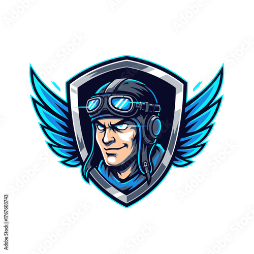 A pilot with a steely gaze, wearing a helmet and goggles, framed by wings and a shield