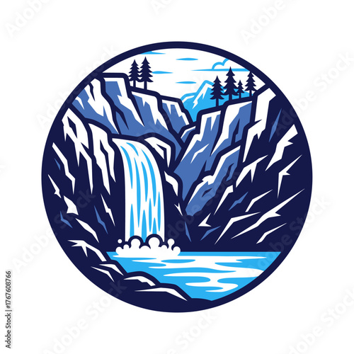 A circular illustration of a waterfall cascading into a lake, surrounded by mountains and trees