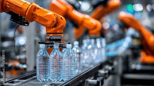 Automated robotic arm working in a modern factory, handling plastic bottles on a conveyor belt, showcasing advanced manufacturing technology and efficiency