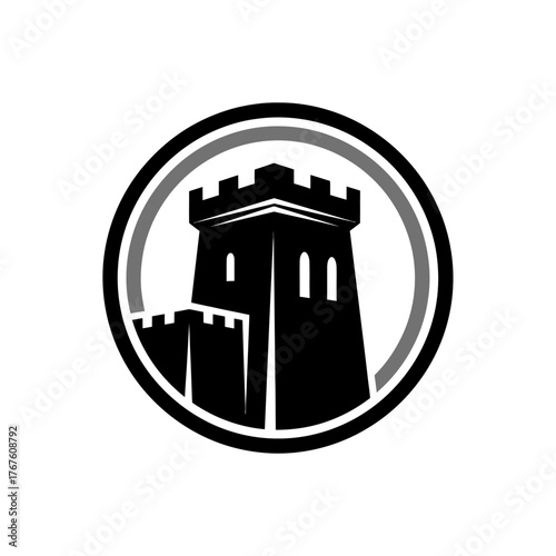 A stylized castle tower within a circular frame, featuring two concentric rings of black and gray