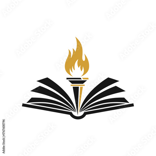Stylized emblem of an open book with a torch emitting flames, in gold, black, and white