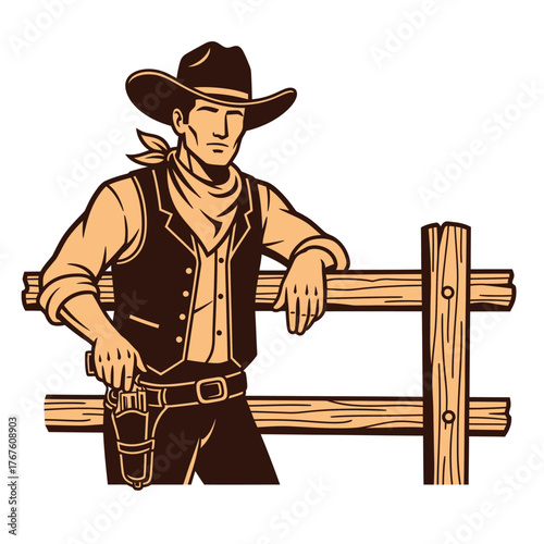 A stern-faced cowboy wearing a hat and vest leans on a wooden fence, with a holster