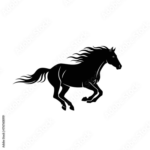 A black silhouette of a running horse with flowing mane and tail, on a white background
