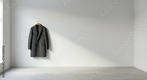 Minimalist gray coat hanging on wall in empty modern room  