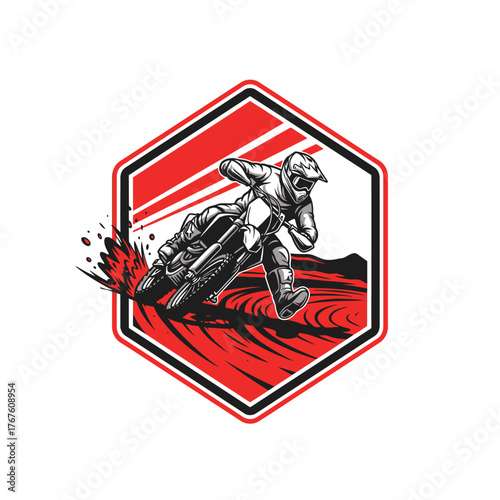 A stylized illustration depicting a dirt bike rider in action within a hexagonal emblem