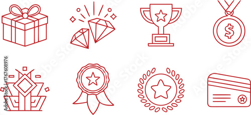 Red line art reward icons set with trophy, medal, diamond, gift, badge, and star. Vector illustration of achievement, success, and prize symbols for business and celebration design.