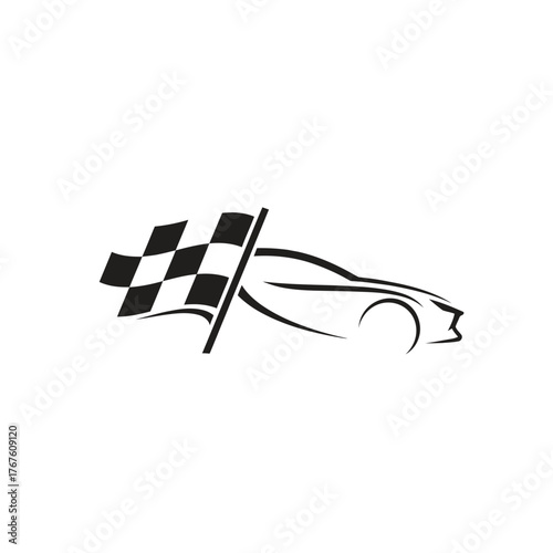 A black and white illustration depicting a racing car with a checkered flag in the wind