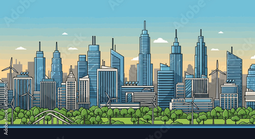 Cartoon cityscape featuring modern architecture and sustainable energy sources with sky backdrop