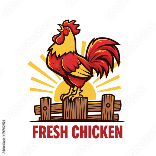 Colorful rooster perched on a fence with a sunburst background; the words "FRESH CHICKEN" below