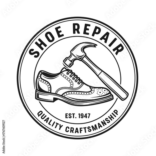 A monochrome circular emblem featuring a shoe, hammer, and text signifying repair and craftsmanship