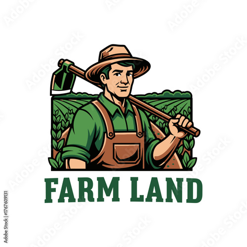 A cartoon image of a farmer with a hoe standing in a field of crops, ready for hard work