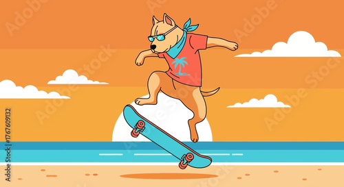 Cartoon dog skateboarding on beach illustration during sunset captures summer fun and carefree