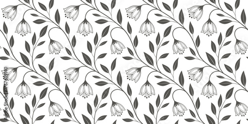 Elegant seamless floral pattern with delicate bell flowers and leaves. Vintage botanical wallpaper design perfect for textile, wrapping, or home decor. Stylish nature-inspired background.