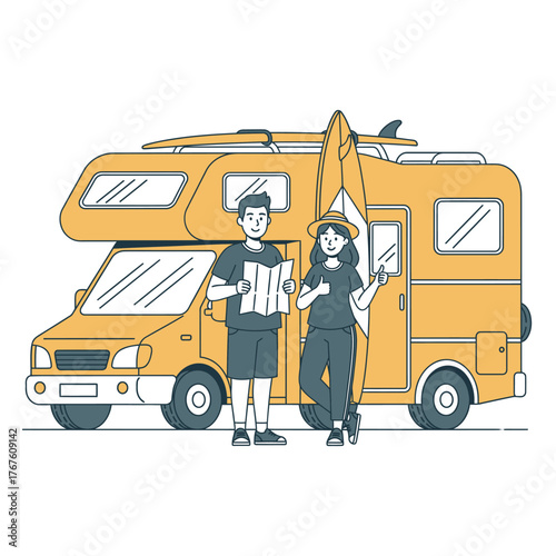 A cartoon illustration of a couple standing next to a camper van with a surfboard. They are smiling