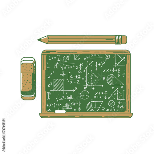 Illustration featuring a chalkboard with equations, pencil and eraser. A school and education-themed design