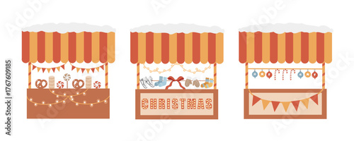 Set of Christmas stalls isolated on white background. Traditional winter Christmas market. Vector clip art. Vector flat illustration of a Christmas fair