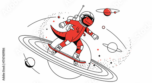 Cartoon T-Rex in astronaut suit skateboarding on planet rings with stars background