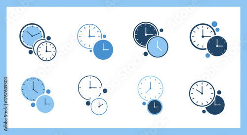 Collection of time management clock icons displaying diverse hours for business and productivity