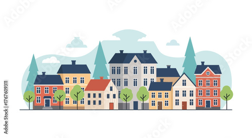 Colorful Flat Vector Illustration of a Quaint European Townscape with Trees and Charming Houses